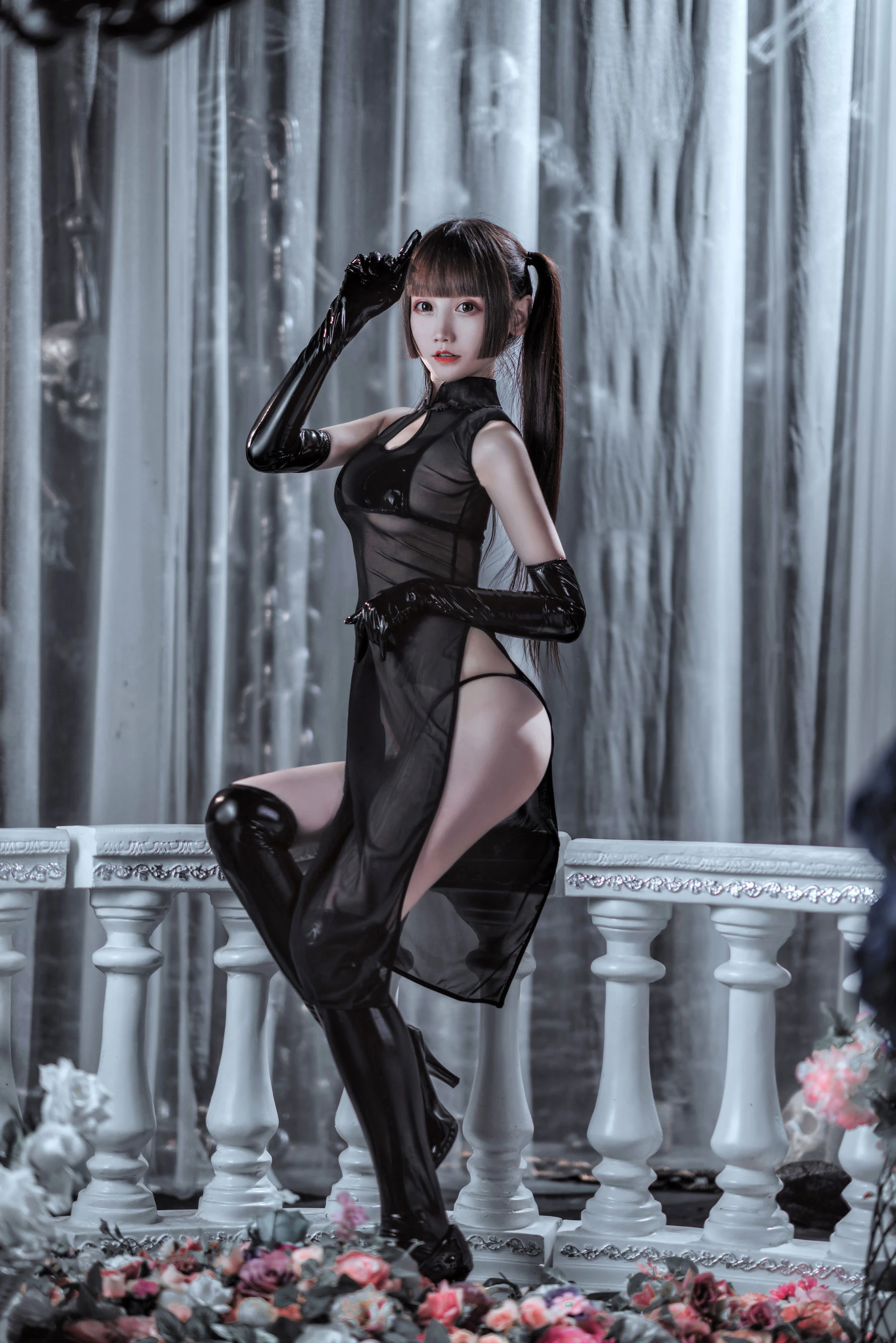 COS少女星野咪兔 – 透视网纱旗袍插图3